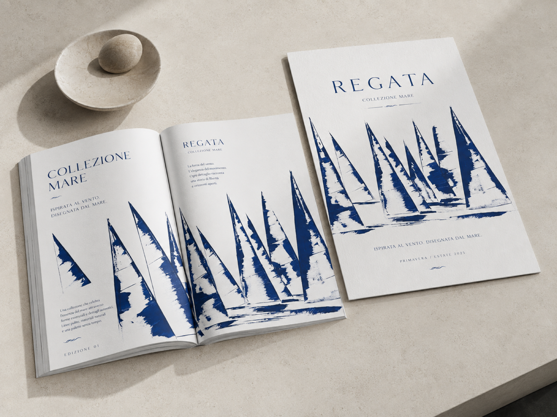 Catalogo editoriale aperto e copertina coordinata su un piano materico